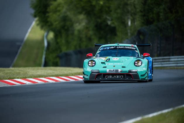 The Porsche 911 GT3 R 992 Evo26 with starting number 44 from the Falken Motorsports team with drivers Klaus Bachler, Tim Heinemann, Sven Müller and Morris Schuring drives during the top qualifying session on the Nordschleife of the Nürburgring Nürburg Rhineland-Palatinate Germany