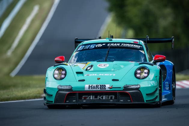 The Porsche 911 GT3 R 992 Evo26 with starting number 44 from the Falken Motorsports team with drivers Klaus Bachler, Tim Heinemann, Sven Müller and Morris Schuring drives during the top qualifying session on the Nordschleife of the Nürburgring Nürburg Rhineland-Palatinate Germany