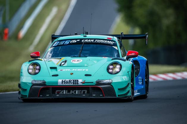 The Porsche 911 GT3 R 992 Evo26 with starting number 44 from the Falken Motorsports team with drivers Klaus Bachler, Tim Heinemann, Sven Müller and Morris Schuring drives during the top qualifying session on the Nordschleife of the Nürburgring Nürburg Rhineland-Palatinate Germany