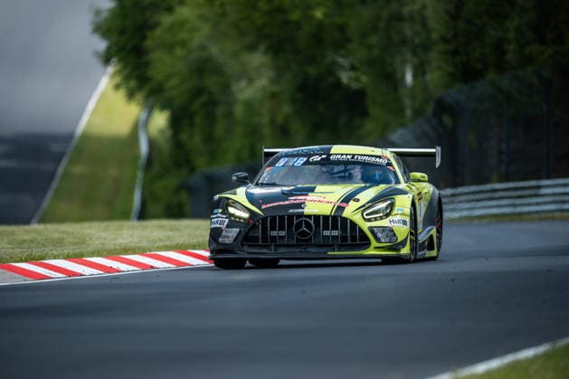 The Mercedes AMG GT3 with starting number 11 from the SR Motorsport by Schnitzelalm team with drivers Kenneth Heyer, Jannes Fittje, Jay Mo Härtling and Philip Ellis drives during top qualifying on the Nordschleife of the Nürburgring Nürburg Rhineland-Palatinate Germany