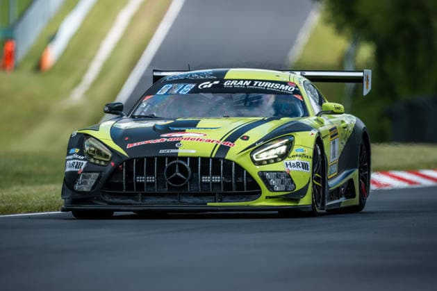 The Mercedes AMG GT3 with starting number 11 from the SR Motorsport by Schnitzelalm team with drivers Kenneth Heyer, Jannes Fittje, Jay Mo Härtling and Philip Ellis drives during top qualifying on the Nordschleife of the Nürburgring Nürburg Rhineland-Palatinate Germany