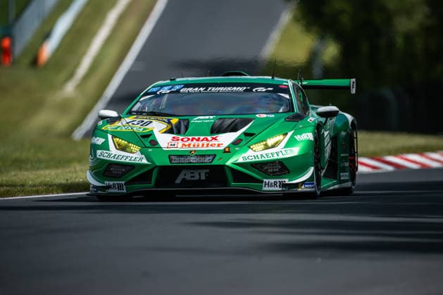 The Lamborghini Huracan GT3 EVO2 with starting number 130 from Team Red Bull Team ABT with drivers Marco Mapelli, Nicky Catsburg and Nicholas Yelloly drives during the top qualifying session on the Nordschleife of the Nürburgring Nürburg Rhineland-Palatinate Germany