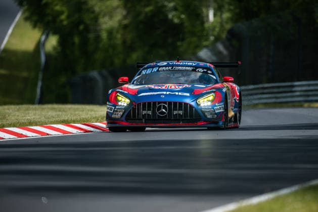 The Mercedes AMG GT3 with starting number 3 from Mercedes AMG Team Verstappen Racing with drivers Max Verstappen, Lucas Auer, Jules Gounon and Daniel Juncadella drives during the top qualifying session on the Nordschleife of the Nürburgring Nürburg Rhineland-Palatinate Germany