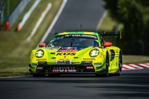 The Porsche 911 GT3 R 992 Evo26 with the starting number 911 from Team Manthey with the drivers Kevin Estre, Ayhancan Güven and Thomas Preining drives during the Top Qualifying on the Nordschleife of the Nürburgring Nürburg Rhineland-Palatinate Germany
