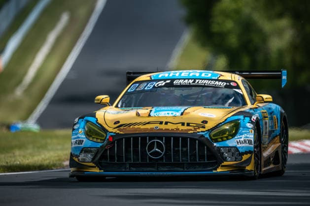 The Mercedes AMG GT3 with starting number 26 from Team PROsport racing with drivers Adam Christodoulou, Christopher Lulham, Mikael Grenier and Marek Böckmann drives during the Top Qualifying on the Nordschleife of the Nürburgring Nürburg Rhineland-Palatinate Germany