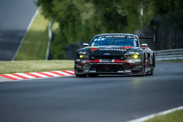 The Ford Mustang GT3 EVO 2026 with starting number 65 from the HRT Ford Racing team with drivers Hubert Haupt, Vincent Kolb, David Schumacher and Colin Caresani drives during top qualifying on the Nordschleife of the Nürburgring Nürburg Rhineland-Palatinate Germany