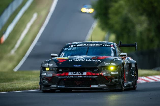 The Ford Mustang GT3 EVO 2026 with starting number 65 from the HRT Ford Racing team with drivers Hubert Haupt, Vincent Kolb, David Schumacher and Colin Caresani drives during top qualifying on the Nordschleife of the Nürburgring Nürburg Rhineland-Palatinate Germany