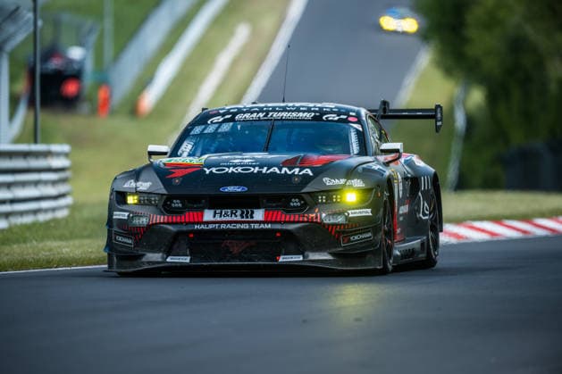The Ford Mustang GT3 EVO 2026 with starting number 65 from the HRT Ford Racing team with drivers Hubert Haupt, Vincent Kolb, David Schumacher and Colin Caresani drives during top qualifying on the Nordschleife of the Nürburgring Nürburg Rhineland-Palatinate Germany