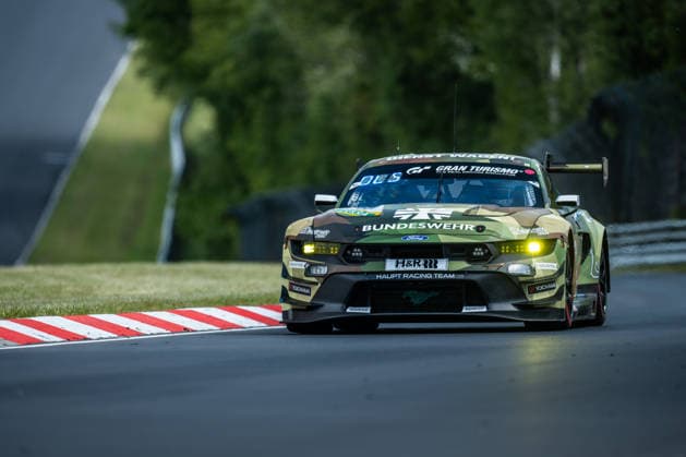 The Ford Mustang GT3 EVO 2026 with starting number 67 from the HRT Ford Racing team with drivers Frank Dennis Olsen, Christopher Mies, Frederic Vervisch and Frank Stippler drives during the top qualifying session on the Nordschleife of the Nürburgring Nürburg Rhineland-Palatinate Germany