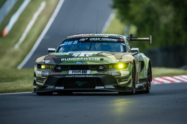 The Ford Mustang GT3 EVO 2026 with starting number 67 from the HRT Ford Racing team with drivers Frank Dennis Olsen, Christopher Mies, Frederic Vervisch and Frank Stippler drives during the top qualifying session on the Nordschleife of the Nürburgring Nürburg Rhineland-Palatinate Germany