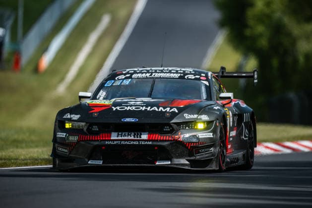 The Ford Mustang GT3 EVO 2026 with starting number 65 from the HRT Ford Racing team with drivers Hubert Haupt, Vincent Kolb, David Schumacher and Colin Caresani drives during top qualifying on the Nordschleife of the Nürburgring Nürburg Rhineland-Palatinate Germany