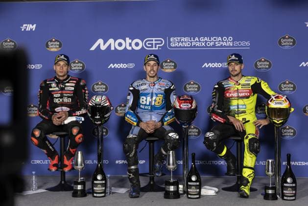 RECORD DATE NOT STATED MotoGP, race of the 4th stage of the World Championship, WM, Weltmeisterschaft in Jerez. Jerez (esp), 26 04 2026 - Marco Bezzecchi (72), Aprilia Racing rider, Alex Marquez (73), BK8 Gresini Racing MotoGP rider and Fabio Di Giannantonio (49), Pertamina Enduro VR46 Racing Team rider, during the post-race press conference, PK, Pressekonferenz of the 4th round of the MotoGP World Championship, at the Jerez-Angel Nieto circuit, Spain. cadiz Spain Copyright: xJoaquimxGalantex