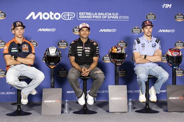 RECORD DATE NOT STATED MotoGP, race of the 4th stage of the World Championship, WM, Weltmeisterschaft in Jerez. Jerez (esp), 23 04 2026 - Pedro Acosta (37), Red Bull KTM Factory Racing rider, Jorge Martin (89), Aprilia Racing rider and Alex Marquez (73), BK8 Gresini Racing MotoGP rider, during a press conference, PK, Pressekonferenz for the 4th round of the MotoGP World Championship, at the Jerez-Angel Nieto circuit, Spain. cadiz Spain Copyright: xJoaquimxGalantex