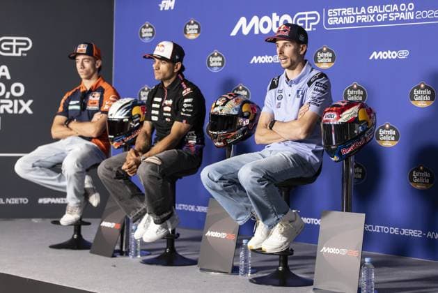 RECORD DATE NOT STATED MotoGP, race of the 4th stage of the World Championship, WM, Weltmeisterschaft in Jerez. Jerez (esp), 23 04 2026 - Pedro Acosta (37), Red Bull KTM Factory Racing rider, Jorge Martin (89), Aprilia Racing rider and Alex Marquez (73), BK8 Gresini Racing MotoGP rider, during a press conference, PK, Pressekonferenz for the 4th round of the MotoGP World Championship, at the Jerez-Angel Nieto circuit, Spain. cadiz Spain Copyright: xJoaquimxGalantex