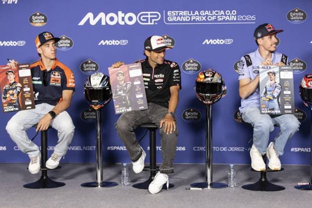 RECORD DATE NOT STATED MotoGP, race of the 4th stage of the World Championship, WM, Weltmeisterschaft in Jerez. Jerez (esp), 23 04 2026 - Pedro Acosta (37), Red Bull KTM Factory Racing rider, Jorge Martin (89), Aprilia Racing rider and Alex Marquez (73), BK8 Gresini Racing MotoGP rider, during a press conference, PK, Pressekonferenz for the 4th round of the MotoGP World Championship, at the Jerez-Angel Nieto circuit, Spain. cadiz Spain Copyright: xJoaquimxGalantex