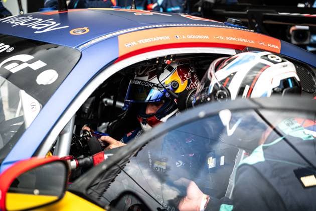 Close-up of the cockpit of Daniel Juncadella Jules Gounon Lucas Auer Max Verstappen Mercedes AMG Team Verstappen Racing from Mercedes AMG Team Verstappen Racing at the ADAC RAVENOL 24h Nürburgring 2026 A driver with a Red Bull helmet is sitting in the vehicle, the driver names M Verstappen, J Gounon, D Juncadella and L Auer are clearly legible on the roof of the vehicle The vehicle wears the characteristic blue and orange design with Red Bull sponsorship and Gran Turismo branding Mercedes AMG GT3 3 from Verstappen Racing in the cockpit Detail Copyright: xMichaelxGelhardtx