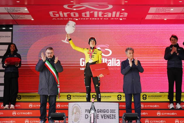 Denmark™s Jonas Vingegaard Hansen of Team Visma Lease A Bike stage winner celebrate on the podium after the Stage 7 of the Giro d™Italia, from Formia to Blockhaus, Italy, Friday, May 15, 2026.  Copyright: xGianxMattiaxD™Alberto LaPressex
