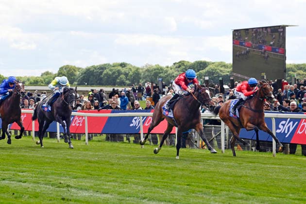 15 05 2026, York, North Yorkshire, GBR Lilt second from right with Tom Marquand up wins the Michael Seely Fillies Stakes York racecourse horse, jockey, Lilt, Marquand, win, finish, finish 260515C975YORK JPG