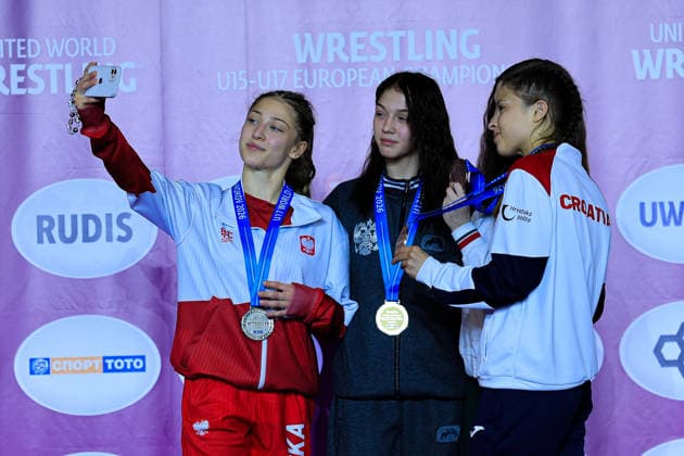 U17 Wrestling European Championships Podium 46kg WW Gold Alina Baranova RUS , Silver Julia Palka POL , Bronze Darya Nahornaya BLR , Lara Blazekovic CRO Samokov Arena Samokov Bulgaria Copyright: xKostadinxAndonov xUnitedxWorldxWrestlingx Kostadin Andonov United World Wrestling