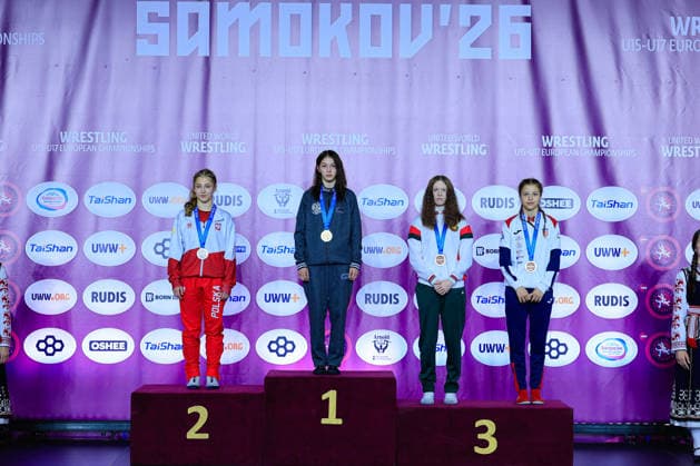 U17 Wrestling European Championships Podium 46kg WW Gold Alina Baranova RUS , Silver Julia Palka POL , Bronze Darya Nahornaya BLR , Lara Blazekovic CRO Samokov Arena Samokov Bulgaria Copyright: xKostadinxAndonov xUnitedxWorldxWrestlingx Kostadin Andonov United World Wrestling