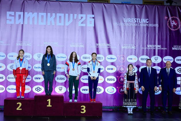 U17 Wrestling European Championships Podium 46kg WW Gold Alina Baranova RUS , Silver Julia Palka POL , Bronze Darya Nahornaya BLR , Lara Blazekovic CRO Samokov Arena Samokov Bulgaria Copyright: xKostadinxAndonov xUnitedxWorldxWrestlingx Kostadin Andonov United World Wrestling