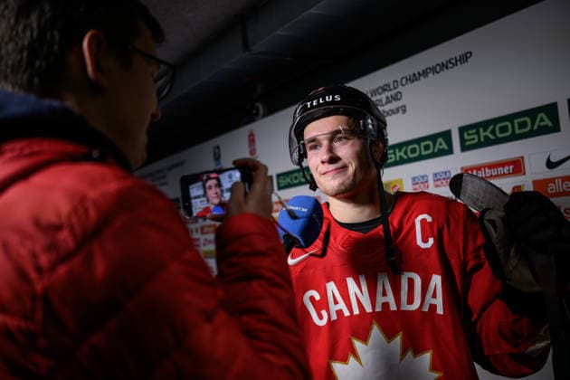 260515 Macklin Celebrini of Canada after the 2026 IIHF Ice Hockey World Championship match between Canada and Sweden on May 15, 2026 in Fribourg Photo Jesper Zerman BILDBYRAN kod JZ JZ0714 ishockey ice hockey ishockey vm 2026 vm 2026 iihf world championship kanada canada sverige sweden bbeng bbauto  Copyright: JESPERxZERMAN BB260515JZ081