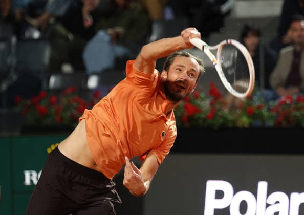 May 15, 2026, Rome, Lazio, Italy: DANIIL MEDVEDEV during the match against M. Landaluce of Spain in the quarter-finals of tennis tournament ATP, Tennis Herren 1000 Internazionali BNL Dâ€⠢Italia, Rome, Italy. Medvedev won 1:6, 6:4, 7:5. Tennis 2026, ATP Italian Open: Daniil Medvedev 1:6, 6:4, 7:5 - ZUMAc278 20260515_zsp_c278_013 Copyright: xMarcinxCholewinskix