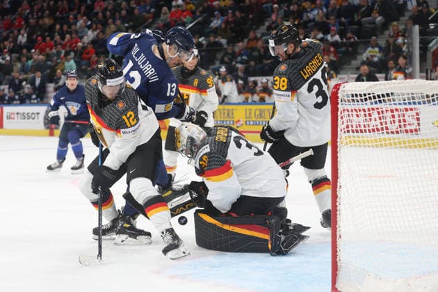 World Championship 2026 GER FIN Jesse Puljujaervi FIN in front of goalkeeper Philipp Grubauer GER Eric Mik GER 15 05 2026 Swiss Life Arena Zuerich , SWITZERLAND, Men IIHF World Championship Zurich 2026 Group A Germany Finland Jesse Puljujaervi FIN in front of goalkeeper Philipp Grubauer GER Eric Mik GER