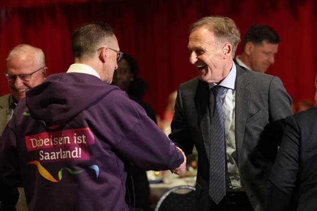 15 05 2026, Football, Season 2025 2026, Honorary Gala of the Saarland Football Association, Minister of the Interior, Building and Sport of Saarland Reinhold Jost, President Hans Joachim Watzke Borussia Dortmund Neunkirchen Gebläsehalle Saarland Germany DEU Copyright: xSebastianxBachx