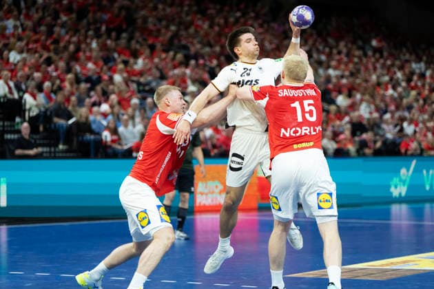 Men s Handball Denmark Germany Germany s Renars Uscins and Denmark s Magnus Saugstrup The Danish handball men face Germany in a test match in Copenhagen on Friday, May 15, 2026 Photo Claus Bech Ritzau Scanpix , Copenhagen Denmark  Copyright: fotograf@clausbech.dk ClausxBechx spdk20260515-201739-L