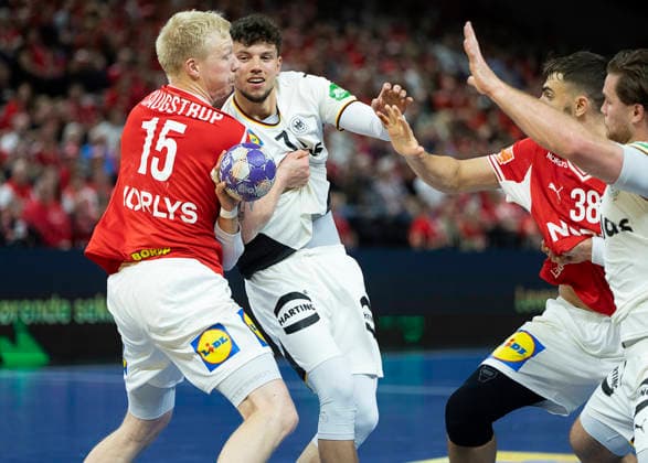 Men s Handball Denmark Germany Denmark s Magnus Saugstrup and Germany s Marko Grgic The Danish handball team faces Germany in a test match in Copenhagen on Friday, May 15, 2026 Photo Claus Bech Ritzau Scanpix , Copenhagen Denmark  Copyright: fotograf@clausbech.dk ClausxBechx spdk20260515-202357-L