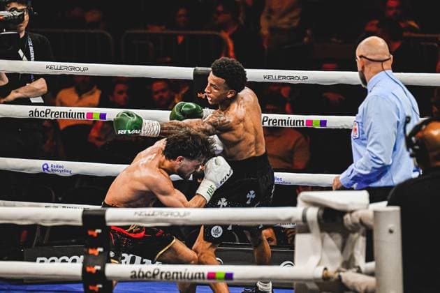 Devrim Gökduman 101, VIP meets Franklyn Donovan at the Night of the Heavyweights on 15 05 2026 in the SAP Arena Mannheim An intense exchange of blows in the boxing ring shows Gökduman in offensive position with green gloves Ringside, 15 05 2026, Mannheim, SAP Arena Copyright: xspeedshotx
