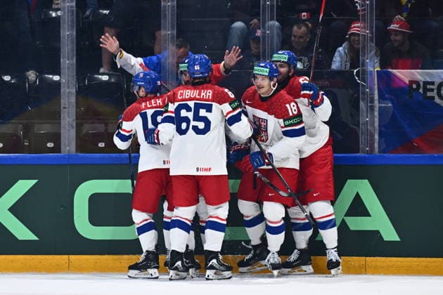 Dominik Kubalik of Czech Republic celebrates with teammates a goal during the IIHF World Championship, WM, Weltmeisterschaft Group B match Czech Republic vs Denmark on May 15, 2026, Fribourg, Switzerland. (CTKxPhoto RadekxPetrasek) CTKPhotoP2026051508156  CTKPhotoP2026051508156