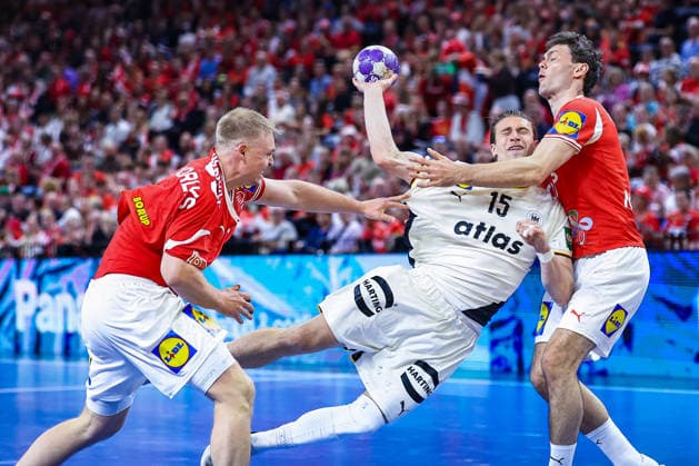 15 05 2026, xIAJx, handball, international match, test match, Denmark Germany, Royal Arena Copenhagen Juri Knorr Germany 15 Emil Bergholt Denmark 33 Niclas Kirkelökke Denmark 3 Denmark