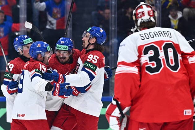Jakub Flek, left, and Daniel Vozenilek, right, of Czech Republic celebrate a goal during the IIHF World Championship, WM, Weltmeisterschaft Group B match Czech Republic vs Denmark on May 15, 2026, Fribourg, Switzerland. (CTKxPhoto RadekxPetrasek) CTKPhotoP2026051508292  CTKPhotoP2026051508292