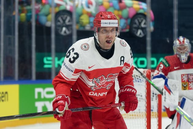 Fribourg, Switzerland - May 15 : Kjaer Oliver of Denmark portrait (headshot close up) during the 2026 IIHF Ice hockey, Eishockey World Championship, WM, Weltmeisterschaft match between Czechia and Denmark at Fribourg BCF Arena on May 15 , 2026 in Fribourg, Switzerland. Copyright: xGiuseppexVelletrix Sportspressphoto_SPR147167