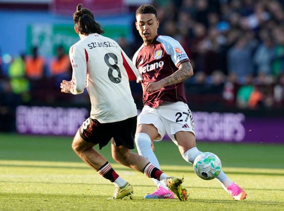 Birmingham, England, 15th May 2026. Morgan Rogers of Aston Villa (R) challenges Dominik Szoboszlai of Liverpool during the Aston Villa vs Liverpool Premier League match at Villa Park, Birmingham. Picture credit should read: Andrew Yates Sportimage EDITORIAL USE ONLY. No use with unauthorised audio, video, data, fixture lists, club league logos or live services. Online in-match use limited to 120 images, no video emulation. No use in betting, games or single club league player publications. SPI_011_AY_ASTON_VILLA_LIVERPOOL SPI-4802-0012