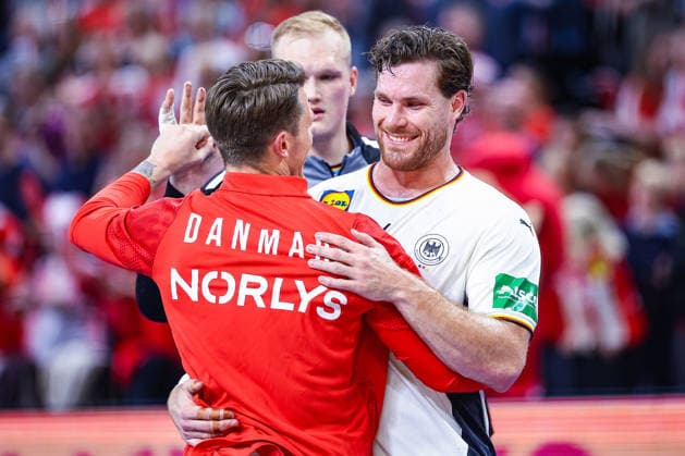 15 05 2026, xIAJx, handball, international match, test match, Denmark Germany, Royal Arena Copenhagen Emil Jakobsen Denmark 7 with teammate from Flensburg Johannes Golla Germany 4 after the match Denmark
