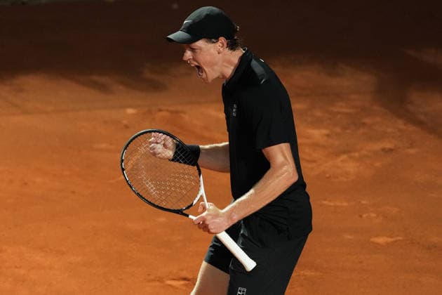 Jannik Sinner of Italy celebrates during the semifinal match against Daniil Medvedev of Russia at the Internazionali BNL d Italia 2026 tennis tournament at Foro Italico in Rome (Italy) on May, 15, 2026. AntoniettaxBaldassarre