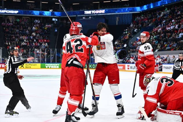 From left Phillip Bruggisser of Denmark and Jaroslav Chmelar of Czech Republic in action during the IIHF World Championship, WM, Weltmeisterschaft Group B match Czech Republic vs Denmark on May 15, 2026, Fribourg, Switzerland. (CTKxPhoto RadekxPetrasek) CTKPhotoP2026051509126  CTKPhotoP2026051509126