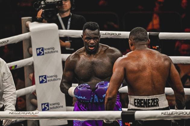 At the Ringside Zone - Night of the Heavyweights in the SAP Arena Mannheim, Nelvie Tiafack met Mateus Munhoz The photo gallery shows intense scenes of the heavyweight duel, tough exchanges and emotional moments of a top-class boxing evening in front of thousands of spectators Ringside, 15 05 2026, Mannheim, SAP Arena Copyright: xspeedshotx