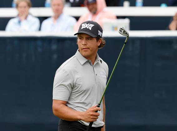 Aldrich Potgieter of South Africa reacts after a bogey on the 18th hole during the second round of the 2026 PGA, Golf Herren Championship at Aronimink Golf Club in Newtown Square, Pennsylvania, on Friday, May 15, 2026.  PHI20260515892 LAURENCExKESTERSON