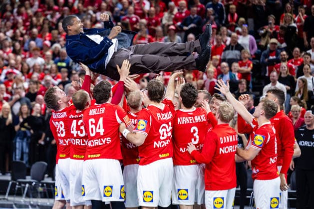 Denmark v Germany, International handball friendly, Copenhagen, Denmark Copenhagen, Denmark. 15th, May 2026. Mads Mensah Larsen retires from the national team, Nationalteam and is praised by fans and players after the test match between Denmark and Germany at Royal Arena in Copenhagen. Denmark, Copenhagen  Copyright: xGonzalesxPhoto TobiasxJorgensenx