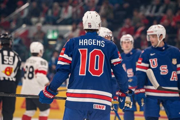 ZURICH, ZURICH - MAY 15: James Hagens of USA during the 2026 IIHF World Championship, WM, Weltmeisterschaft Group A match between Switzerland and USA at Swiss Life Arena on May 15, 2026 in Zurich, Zurich, Switzerland. Copyright: xLivioxBaeriswylx xSPPx Sportspressphoto_SPR147397