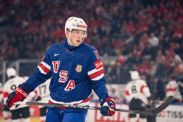 ZURICH, ZURICH - MAY 15: Mason Lohrei of USA during the 2026 IIHF World Championship, WM, Weltmeisterschaft Group A match between Switzerland and USA at Swiss Life Arena on May 15, 2026 in Zurich, Zurich, Switzerland. Copyright: xLivioxBaeriswylx xSPPx Sportspressphoto_SPR147406