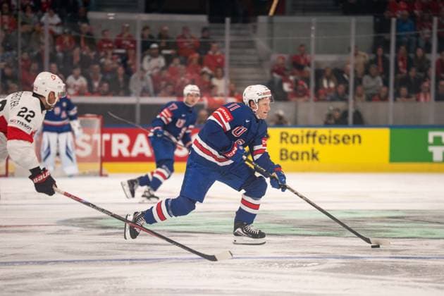 ZURICH, ZURICH - MAY 15: Oliver Moore of USA during the 2026 IIHF World Championship, WM, Weltmeisterschaft Group A match between Switzerland and USA at Swiss Life Arena on May 15, 2026 in Zurich, Zurich, Switzerland. Copyright: xLivioxBaeriswylx xSPPx Sportspressphoto_SPR147419
