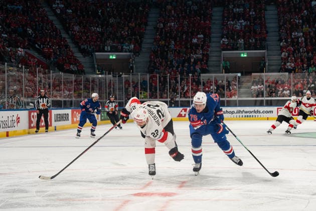 ZURICH, ZURICH - MAY 15: Nino Niederreiter of Switzerland battles with Connor Clifton of USA during the 2026 IIHF World Championship, WM, Weltmeisterschaft Group A match between Switzerland and USA at Swiss Life Arena on May 15, 2026 in Zurich, Zurich, Switzerland. Copyright: xLivioxBaeriswylx xSPPx Sportspressphoto_SPR147442