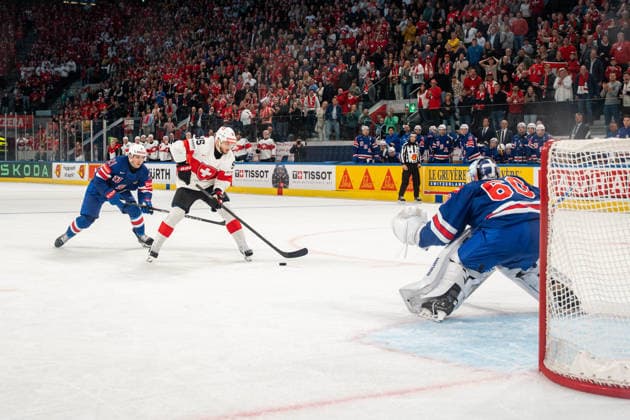 ZURICH, ZURICH - MAY 15: Sven Andrighetto of Switzerland during the 2026 IIHF World Championship, WM, Weltmeisterschaft Group A match between Switzerland and USA at Swiss Life Arena on May 15, 2026 in Zurich, Zurich, Switzerland. Copyright: xLivioxBaeriswylx xSPPx Sportspressphoto_SPR147447