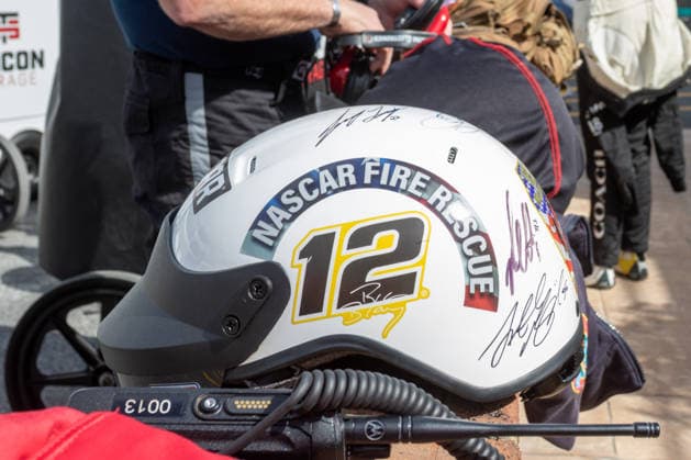 DOVER, DE - MAY 15: A helmet for a member of NASCAR, Motorsport, USA Ä™s fire rescue crew sits on pit wall during practice for Sunday™s NASCAR Cup Series All-Star Race on May 15, 2026, at Dover Motor Speedway in Dover, DE. (Photo by David Hahn Icon Sportswire) AUTO: MAY 15 NASCAR Cup Series All-Star Race EDITORIAL USE ONLY Icon260515031