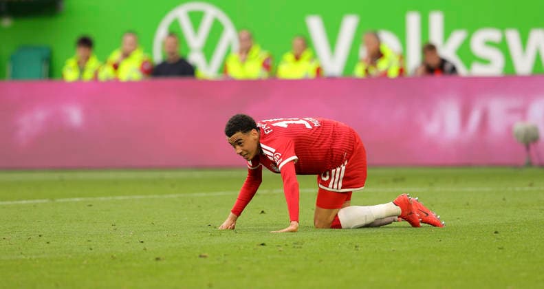 Photo Jamal Musiala FCB devastated Football 1 Bundesliga, Matchday 33 on Sat 09 05 2026 VfL Wolfsburg FC Bayern München
